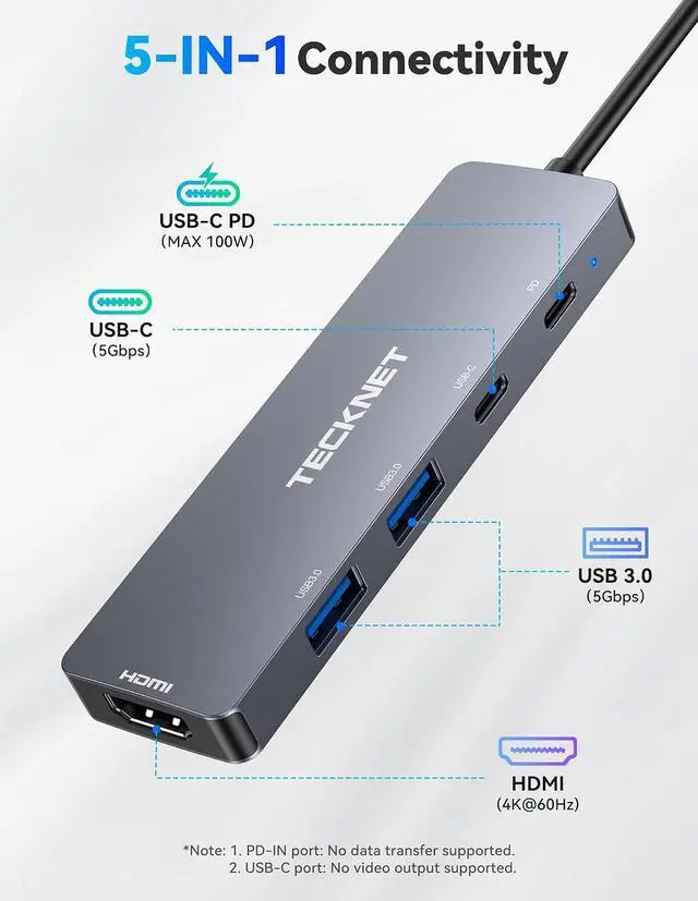 Alt view image 6 of 7 - USB C Hub 4K@60Hz 5-in-1 USBC to HDMI Adapter with 100W Power Delivery USB-C/USB-A 3.0 Data Ports HDMI to USB C Multiport Adapter for MacBook iPad iPhone Nintendo Switch Deck USB Hub