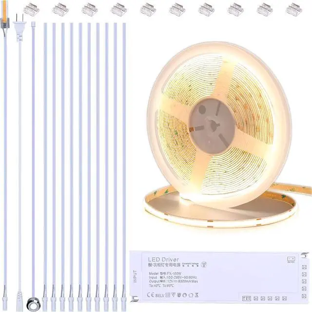 Main image of 12V COB LED Under Cabinet Strip Lighting Kit 32.8ft 4000K Natural White Cuttable LED Tape Lights 8W/M CRI 93 320LEDs/M with Dimmer and Power Supply for Kitchen Bookcase Shelf Display