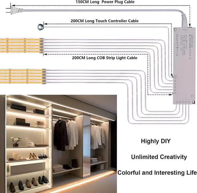 Alt view image 4 of 7 - 12V COB LED Under Cabinet Strip Lighting Kit 32.8ft 4000K Natural White Cuttable LED Tape Lights 8W/M CRI 93 320LEDs/M with Dimmer and Power Supply for Kitchen Bookcase Shelf Display