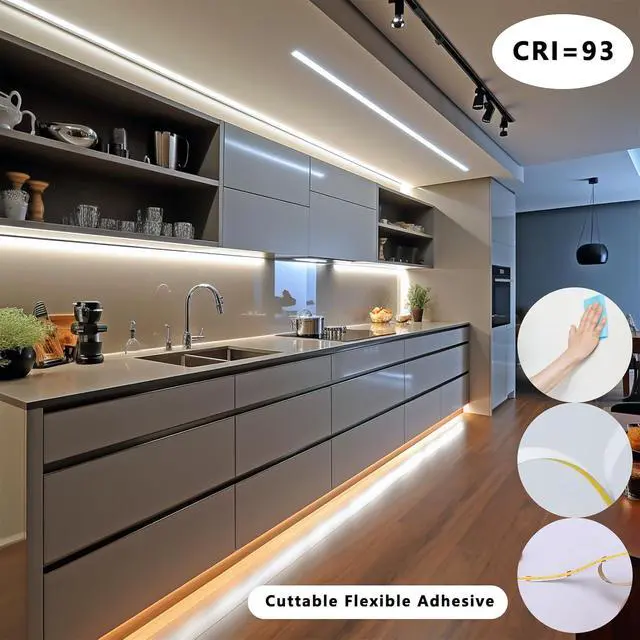 Alt view image 5 of 7 - 12V COB LED Under Cabinet Strip Lighting Kit 32.8ft 4000K Natural White Cuttable LED Tape Lights 8W/M CRI 93 320LEDs/M with Dimmer and Power Supply for Kitchen Bookcase Shelf Display