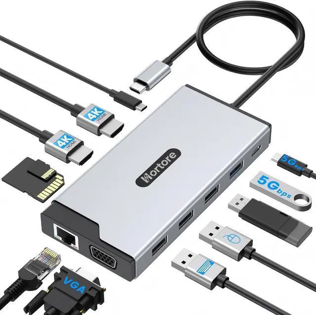Main image of USB C Hub, 12-in-1 Docking Station Dual Monitor with 2 HDMI, VGA, RJ45, 100W PD, USB-C Data,1 USB 3.0, 3 USB 2.0, SD/TF Card Reader, for MacBook/Dell/HP/Lenovo,Silver