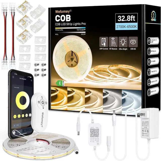 Main image of COB LED Strip 32.8ft Dimmable 2700K-6500K High Bright Dotless LED Tape Light with Remote and APP Control 6080LEDs DC24V CRI>90 8mm Width Warm White to Cool White LED Strip Lights for Bedroom