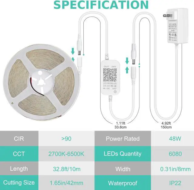 Alt view image 7 of 7 - COB LED Strip 32.8ft Dimmable 2700K-6500K High Bright Dotless LED Tape Light with Remote and APP Control 6080LEDs DC24V CRI>90 8mm Width Warm White to Cool White LED Strip Lights for Bedroom