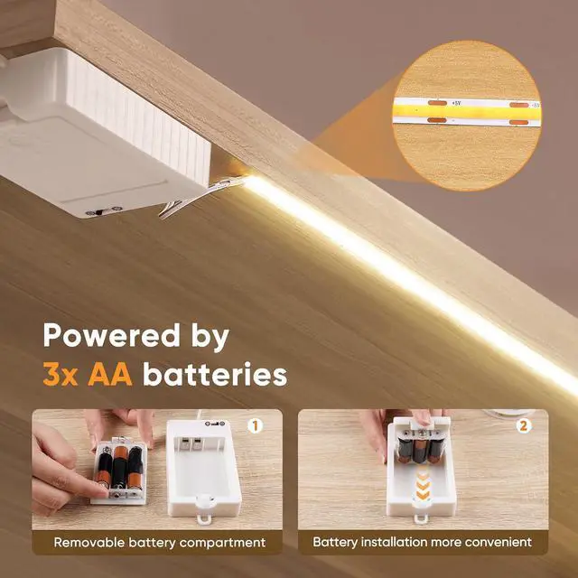 Alt view image 2 of 7 - 3 Pack COB LED Strip Lights 3.3ft 320 LEDs Battery Powered LED Strip Lights Dimmable Cuttable light strips for Shelves Under Cabinet Lighting Closet Cordless Click Light 4000K Natural White