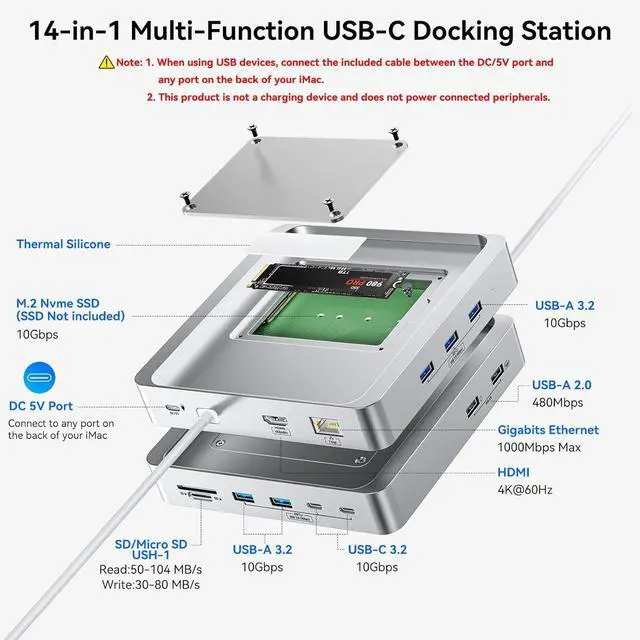 Alt view image 2 of 7 - 14-Port 10Gbps USB-C Hub for iMac 24 inch 2021/2023/2024 M1/M3/M4 5 USB-A & 2 USB-C 3.2 Ports 4K@60Hz HDMI 1Gbps Ethernet SD/TF Card Slot M.2 NVME Slot ( Not Included)