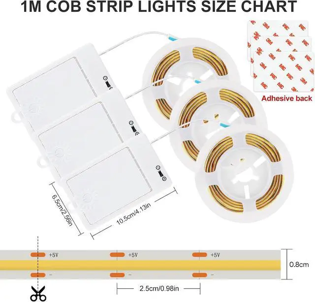 Alt view image 6 of 7 - 3 Pack COB LED Strip Lights 3.3ft 320 LEDs Battery Powered LED Strip Lights Dimmable Cuttable light strips for Shelves Under Cabinet Lighting Closet Cordless Click Light 4000K Natural White