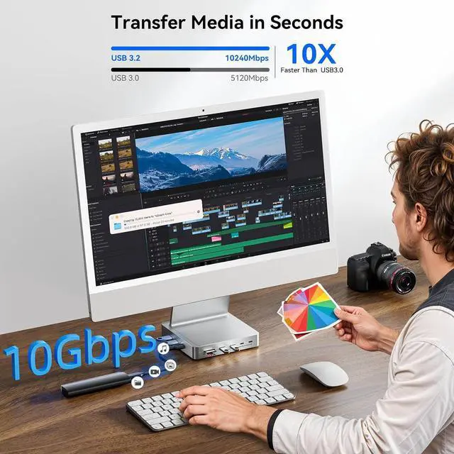 Alt view image 6 of 7 - 14-Port 10Gbps USB-C Hub for iMac 24 inch 2021/2023/2024 M1/M3/M4 5 USB-A & 2 USB-C 3.2 Ports 4K@60Hz HDMI 1Gbps Ethernet SD/TF Card Slot M.2 NVME Slot ( Not Included)