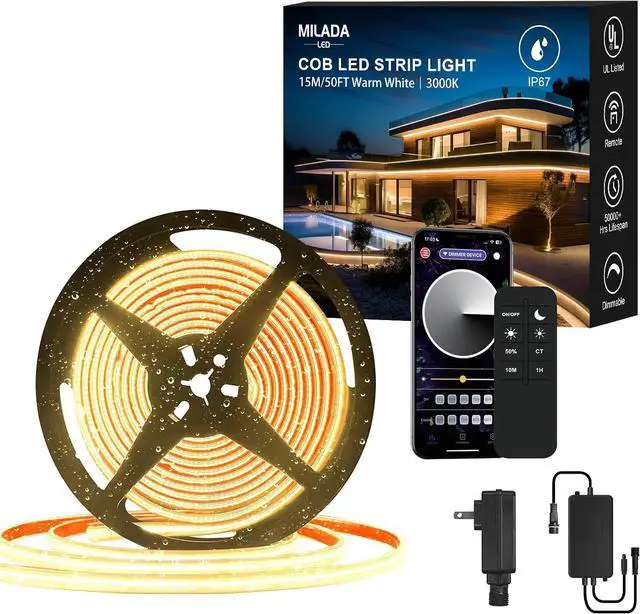 Main image of 50FT COB LED Strip Light Outdoor Waterproof 15M Warm White 3000K Led Strip Lights Flexible 24V Remote & App Control Dimmable Led Tap Lighting for Room Bathroom Kitchen Patio Garden Cabinet Shelf