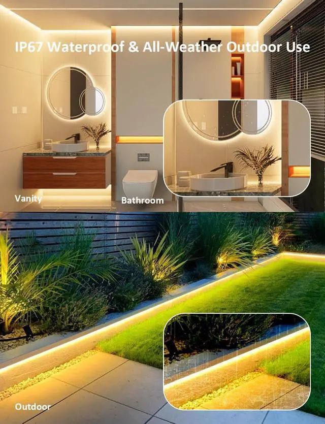 Alt view image 3 of 7 - 50FT COB LED Strip Light Outdoor Waterproof 15M Warm White 3000K Led Strip Lights Flexible 24V Remote & App Control Dimmable Led Tap Lighting for Room Bathroom Kitchen Patio Garden Cabinet Shelf