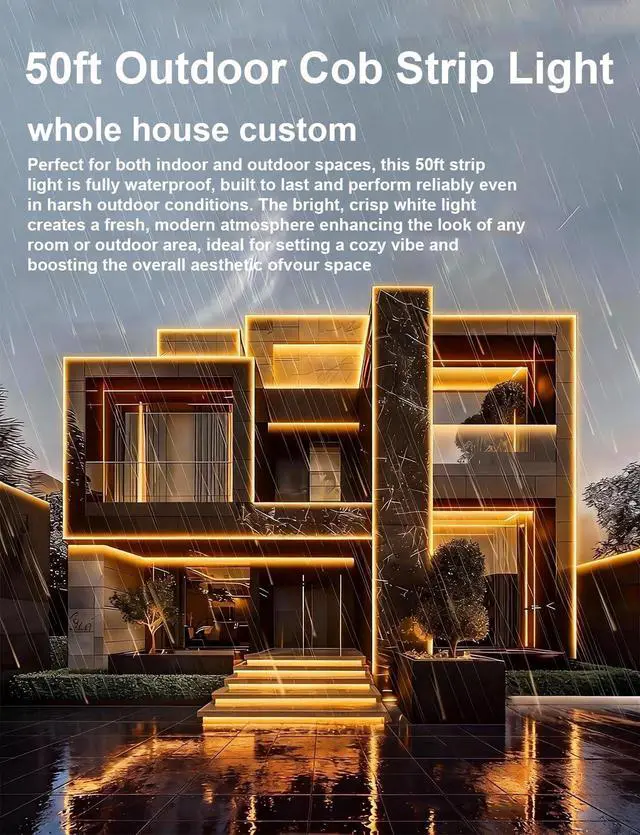 Alt view image 7 of 7 - 50FT COB LED Strip Light Outdoor Waterproof 15M Warm White 3000K Led Strip Lights Flexible 24V Remote & App Control Dimmable Led Tap Lighting for Room Bathroom Kitchen Patio Garden Cabinet Shelf