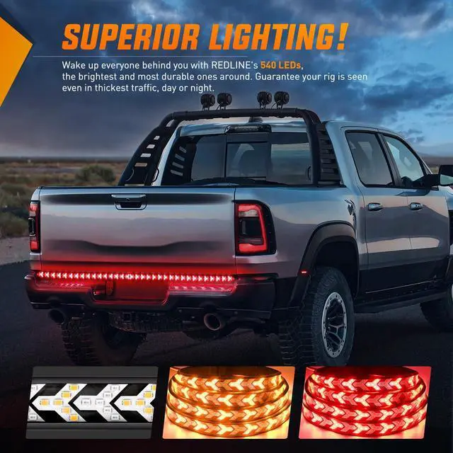Alt view image 2 of 7 - Truck Tailgate Light Strip 60Inch Arrow 540 LED with Red Running Brake Lights Amber Turn Signals Strobe Lights