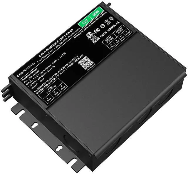 Main image of 12V LED Driver Dimmable 60W ETL Listed | 5-in-1(Triac/ELV/MLV/0-10V/PWM) smooth flicker-free for LED strip lights Lutron/Leviton compatible 110-277VAC input
