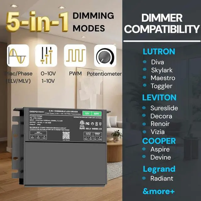 Alt view image 3 of 7 - 12V LED Driver Dimmable 60W ETL Listed | 5-in-1(Triac/ELV/MLV/0-10V/PWM) smooth flicker-free for LED strip lights Lutron/Leviton compatible 110-277VAC input