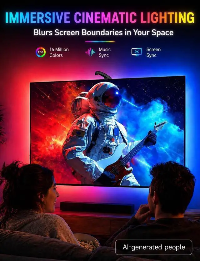 Alt view image 2 of 7 - TV LED Backlight with Sensor LED Sync Lights for TV 55-65 Inch Smart Camera Sync to Screen Ambient RGB Strip Lights for Gaming & Home Theater App Control (14.7ft)
