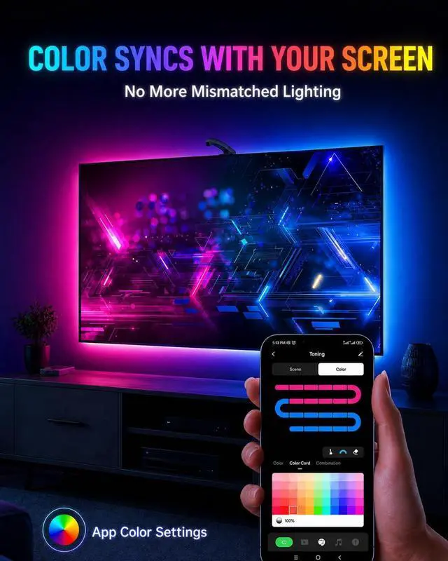 Alt view image 5 of 7 - TV LED Backlight with Sensor LED Sync Lights for TV 55-65 Inch Smart Camera Sync to Screen Ambient RGB Strip Lights for Gaming & Home Theater App Control (14.7ft)