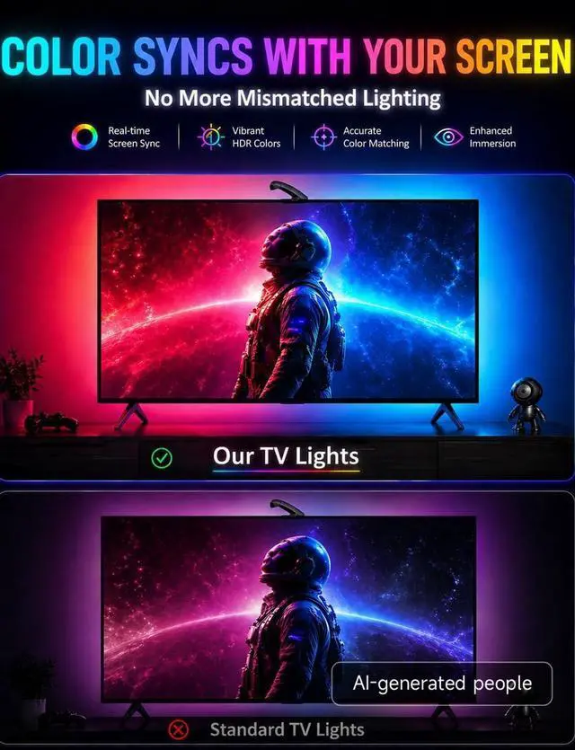 Alt view image 4 of 7 - TV LED Backlight with Sensor LED Sync Lights for TV 55-65 Inch Smart Camera Sync to Screen Ambient RGB Strip Lights for Gaming & Home Theater App Control (14.7ft)