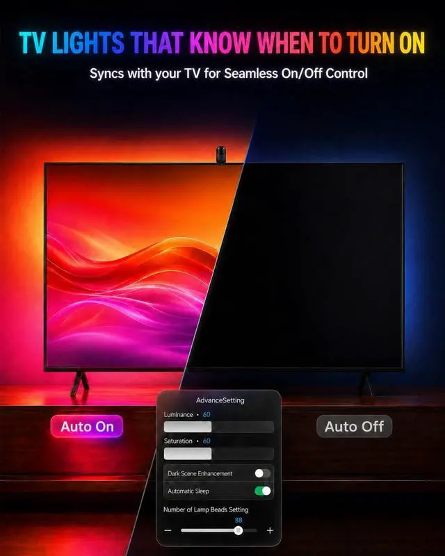 Alt view image 6 of 7 - TV LED Backlight with Sensor LED Sync Lights for TV 55-65 Inch Smart Camera Sync to Screen Ambient RGB Strip Lights for Gaming & Home Theater App Control (14.7ft)