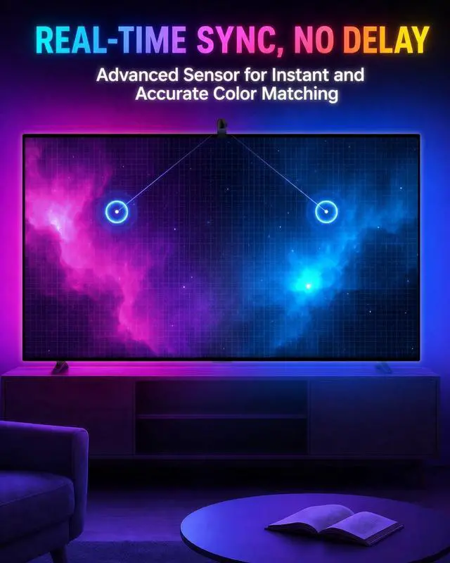 Alt view image 7 of 7 - TV LED Backlight with Sensor LED Sync Lights for TV 55-65 Inch Smart Camera Sync to Screen Ambient RGB Strip Lights for Gaming & Home Theater App Control (14.7ft)