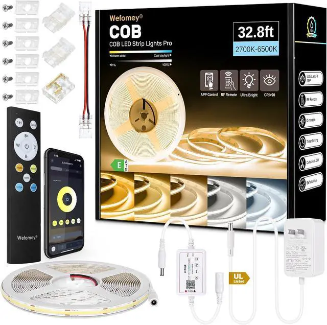 Main image of COB LED Strip Light White 33ft Dimmable 2700K-6500K High Density 24V Flexible LED Tape Light with Remote and APP Control UL-Listed White led Strip Lights for Bedroom Kitchen Christmas Decor
