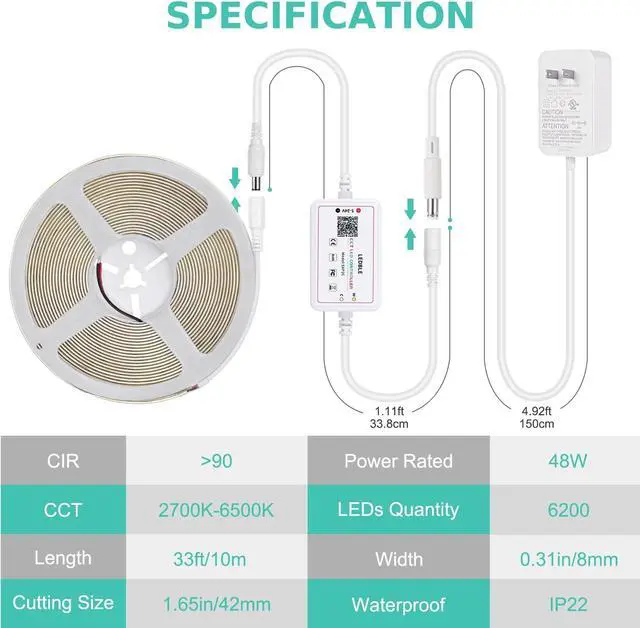 Alt view image 7 of 7 - COB LED Strip Light White 33ft Dimmable 2700K-6500K High Density 24V Flexible LED Tape Light with Remote and APP Control UL-Listed White led Strip Lights for Bedroom Kitchen Christmas Decor