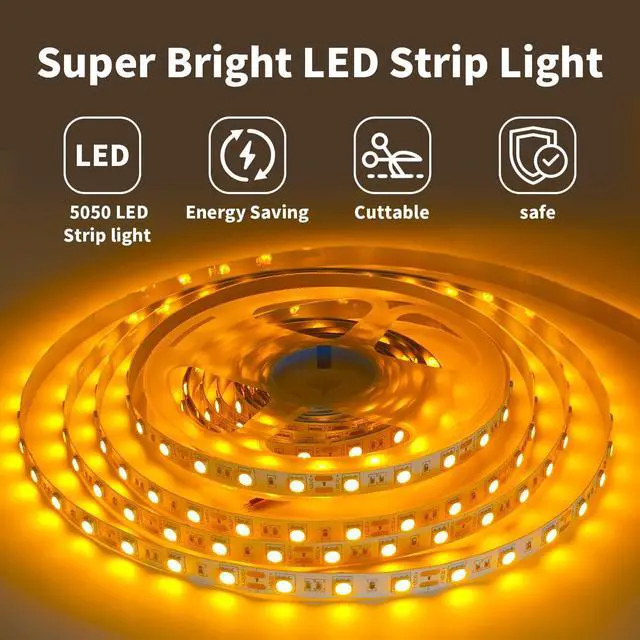 Alt view image 2 of 6 - LED Strip Light Yellow 12V LED Light Strip 16.4ft/5m Flexible LED Strip Lights Cuttable 300 LEDs 5050 Tape Lights for Bedroom Kitchen Cabinet Mirror (No Plug)