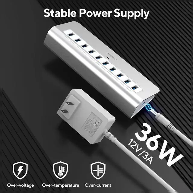Alt view image 4 of 6 - Powered USB Hub 10Gbps USB Port Hub with 10 Port USB 3.1 Data 36W Power Adapter 3.3FT USB-A & USB-C Cables Aluminum USB Hub for PC Laptop Mac Desktop