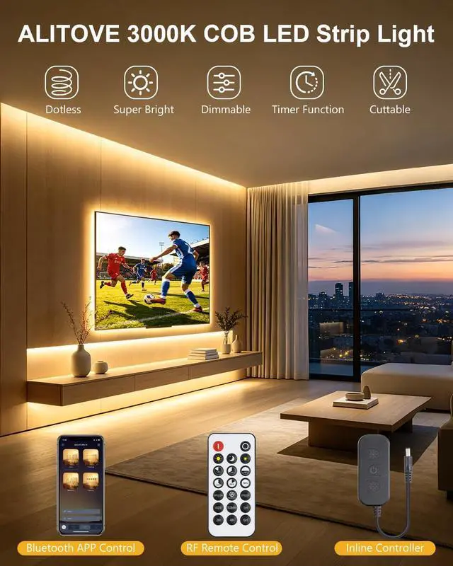 Alt view image 2 of 7 - COB LED Strip Light 16.4FT 3000K Warm White LED Rope Lights 24V Super Bright Dimmable Flexible LED Tape Light with APP Remote Control for TV Backlight Bedroom Cabinet Kitchen DIY Lighting