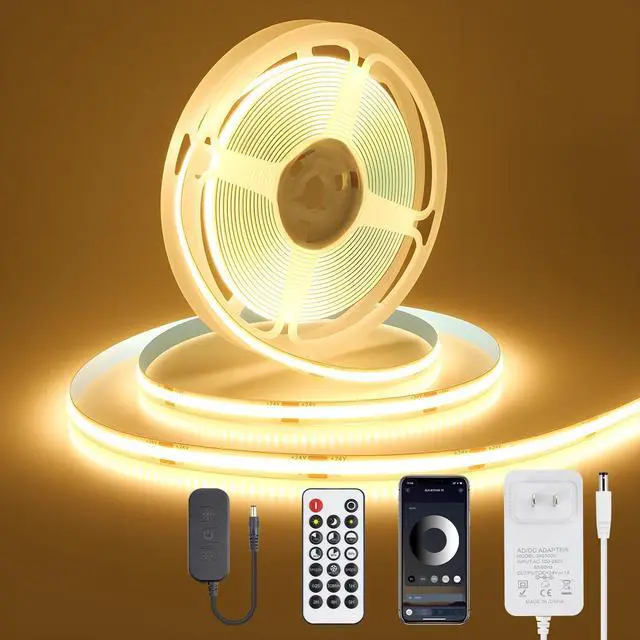 Main image of COB LED Strip Light 16.4FT 3000K Warm White LED Rope Lights 24V Super Bright Dimmable Flexible LED Tape Light with APP Remote Control for TV Backlight Bedroom Cabinet Kitchen DIY Lighting