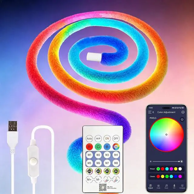 Main image of Plush LED Neon Rope Light 3.3ft RGB+IC 360 Luminous Smart Strip Smart APP + Remote 3-Way Control Music Sync Mode USB 5V Cozy Flexible Dcor for Dream Bedroom Living Room LED Light Strip