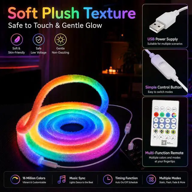 Alt view image 3 of 6 - Plush LED Neon Rope Light 3.3ft RGB+IC 360 Luminous Smart Strip Smart APP + Remote 3-Way Control Music Sync Mode USB 5V Cozy Flexible Dcor for Dream Bedroom Living Room LED Light Strip