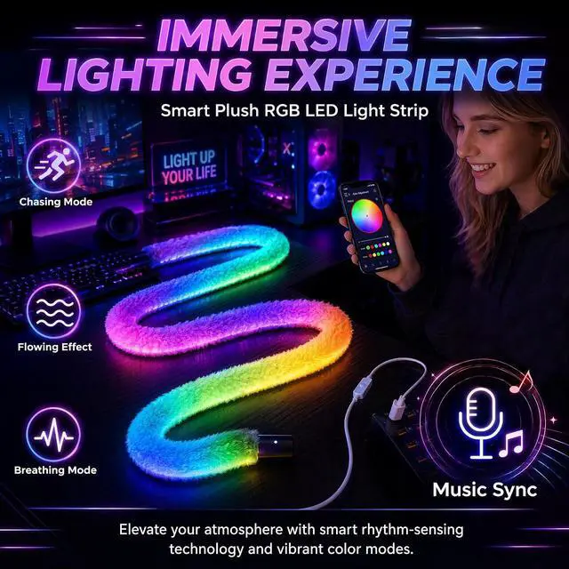 Alt view image 2 of 6 - Plush LED Neon Rope Light 3.3ft RGB+IC 360 Luminous Smart Strip Smart APP + Remote 3-Way Control Music Sync Mode USB 5V Cozy Flexible Dcor for Dream Bedroom Living Room LED Light Strip