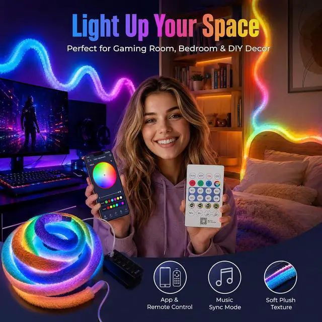Alt view image 5 of 6 - Plush LED Neon Rope Light 3.3ft RGB+IC 360 Luminous Smart Strip Smart APP + Remote 3-Way Control Music Sync Mode USB 5V Cozy Flexible Dcor for Dream Bedroom Living Room LED Light Strip