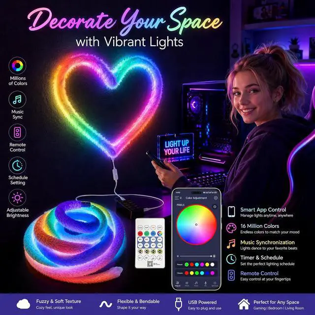 Alt view image 6 of 6 - Plush LED Neon Rope Light 3.3ft RGB+IC 360 Luminous Smart Strip Smart APP + Remote 3-Way Control Music Sync Mode USB 5V Cozy Flexible Dcor for Dream Bedroom Living Room LED Light Strip
