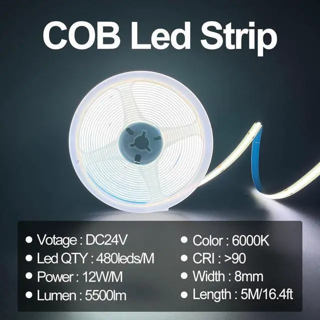 Alt view image 2 of 6 - COB LED Strip Lights White 6000k DC24V 480leds/M 16.4ft Super Bright CRI90 Flexible LED Tape Lights 8mm for Indoor Home Cabinetedroom Kitchen Backlight DIY Lighting(Without Adapter)
