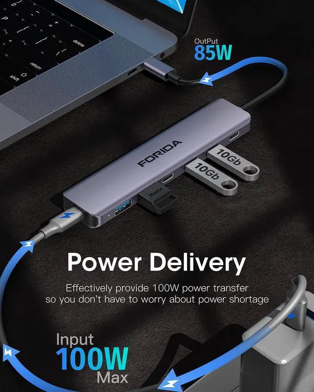 Alt view image 4 of 7 - Aluminum Alloy 10Gbps USB C Hub Portable 7-Port Multiport USBC Splitter 4 USB-C 3.2 2 USB 2.0 100W PD Fast Charging Port USB 3.2 HUB for Laptops MacBook iPad Surface Pro(Gray)