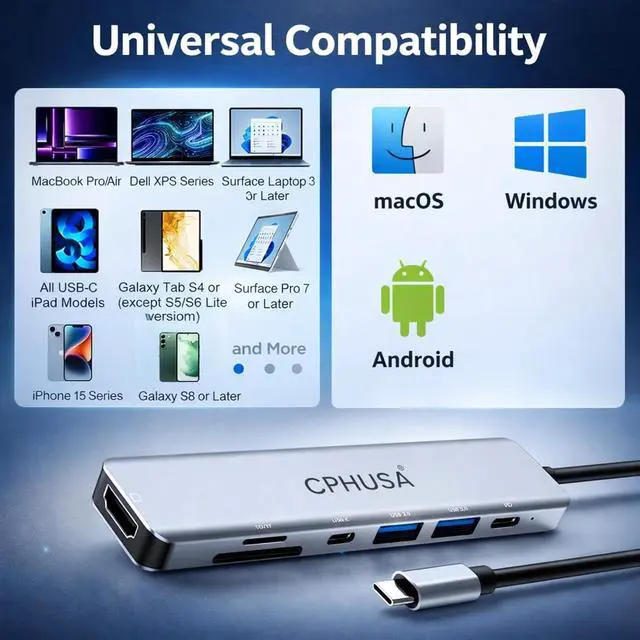 Alt view image 2 of 7 - USB C Hub 7-in-1 for MacBook Pro/Air Multiport Adapter with 4K HDMI 100W PD Charging USB 3.0 SD/TF Card Reader USB-C Docking Station for MacBook HP