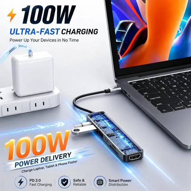 Alt view image 4 of 7 - USB C Hub 7-in-1 for MacBook Pro/Air Multiport Adapter with 4K HDMI 100W PD Charging USB 3.0 SD/TF Card Reader USB-C Docking Station for MacBook HP