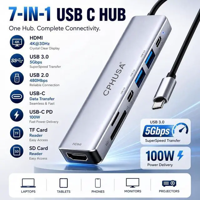 Alt view image 7 of 7 - USB C Hub 7-in-1 for MacBook Pro/Air Multiport Adapter with 4K HDMI 100W PD Charging USB 3.0 SD/TF Card Reader USB-C Docking Station for MacBook HP
