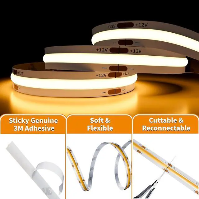 Alt view image 3 of 7 - COB LED Strip Light 12V 18ft/5.5m Warm White 3000K 504LEDs/M Super Bright Flexible CRI93+ LED Rope Lights Bright for Kitchen Home DIY Lighting Projects(Power Supply&Controller Not Included)