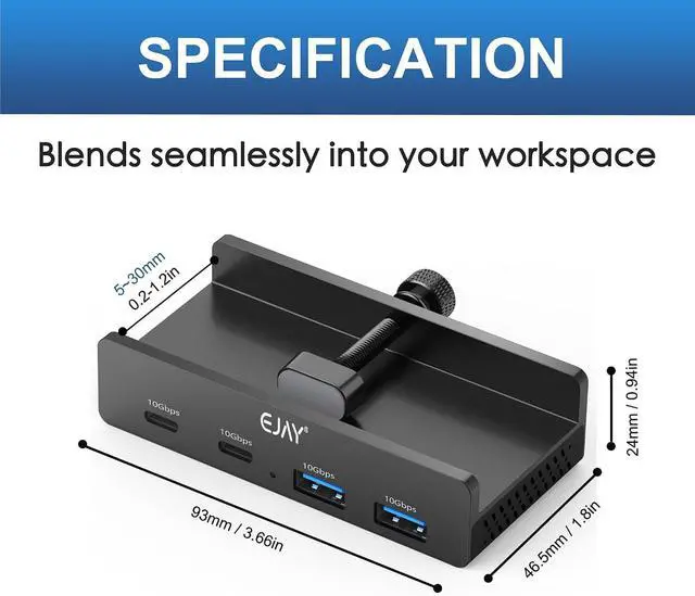Alt view image 5 of 7 - 4Ports 10Gbps USB-C HUB USB3.2 Clamp USB HUB Splitter Mountable USB-C Adapter with Data & Power Cable for iMac 2021 and later-10Gbps (Black)