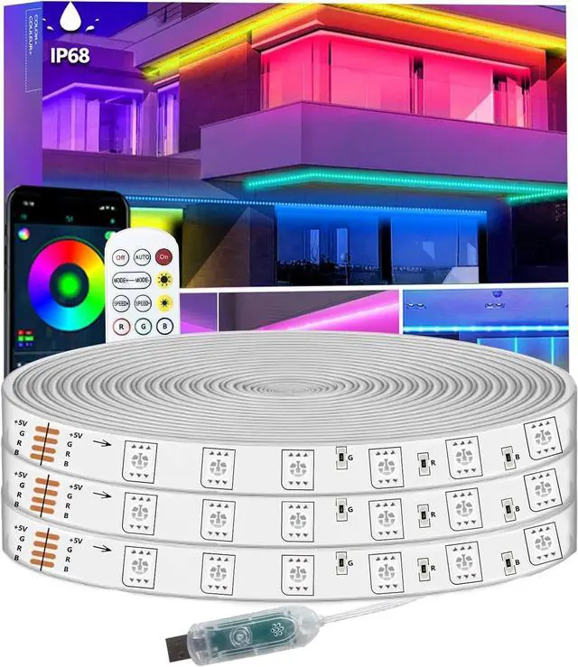 Main image of 50FT LED Strip Lights IP68 Outdoor Waterproof 5V USB Powered Music Sync Bluetooth APP/RF Remote Control Lights for Balcony Deck Camping Garden Bedroom Decor