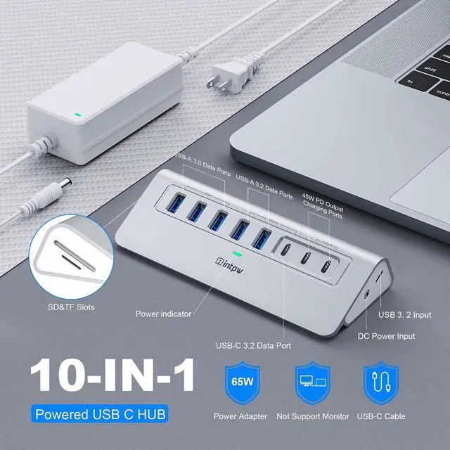 Alt view image 2 of 7 - Powered USB Hub 10Gbps Intpw YH6AC Plus 10-Port USB Hub 3.2 (USB A/USB C 3.2+3 USB-A 3.0+2 PD 45W Fast Charging Port+SD/TF Card Reader) 65W Power Adapter Aluminum USB HUB for PC Laptop iPhone 17/16