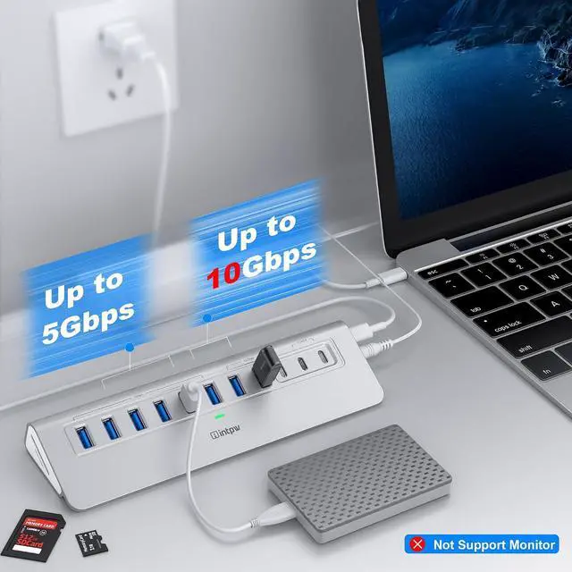 Alt view image 3 of 7 - Powered USB Hub 10Gbps Intpw YH6AC Plus 10-Port USB Hub 3.2 (USB A/USB C 3.2+3 USB-A 3.0+2 PD 45W Fast Charging Port+SD/TF Card Reader) 65W Power Adapter Aluminum USB HUB for PC Laptop iPhone 17/16