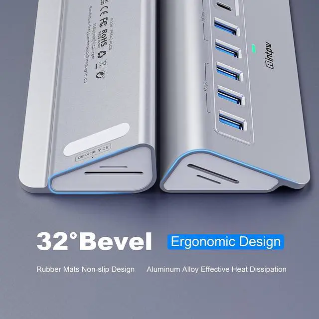 Alt view image 5 of 7 - Powered USB Hub 10Gbps Intpw YH6AC Plus 10-Port USB Hub 3.2 (USB A/USB C 3.2+3 USB-A 3.0+2 PD 45W Fast Charging Port+SD/TF Card Reader) 65W Power Adapter Aluminum USB HUB for PC Laptop iPhone 17/16