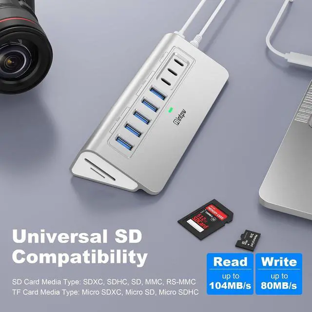 Alt view image 6 of 7 - Powered USB Hub 10Gbps Intpw YH6AC Plus 10-Port USB Hub 3.2 (USB A/USB C 3.2+3 USB-A 3.0+2 PD 45W Fast Charging Port+SD/TF Card Reader) 65W Power Adapter Aluminum USB HUB for PC Laptop iPhone 17/16