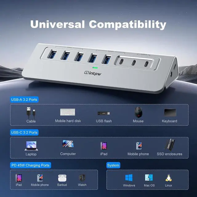 Alt view image 7 of 7 - Powered USB Hub 10Gbps Intpw YH6AC Plus 10-Port USB Hub 3.2 (USB A/USB C 3.2+3 USB-A 3.0+2 PD 45W Fast Charging Port+SD/TF Card Reader) 65W Power Adapter Aluminum USB HUB for PC Laptop iPhone 17/16