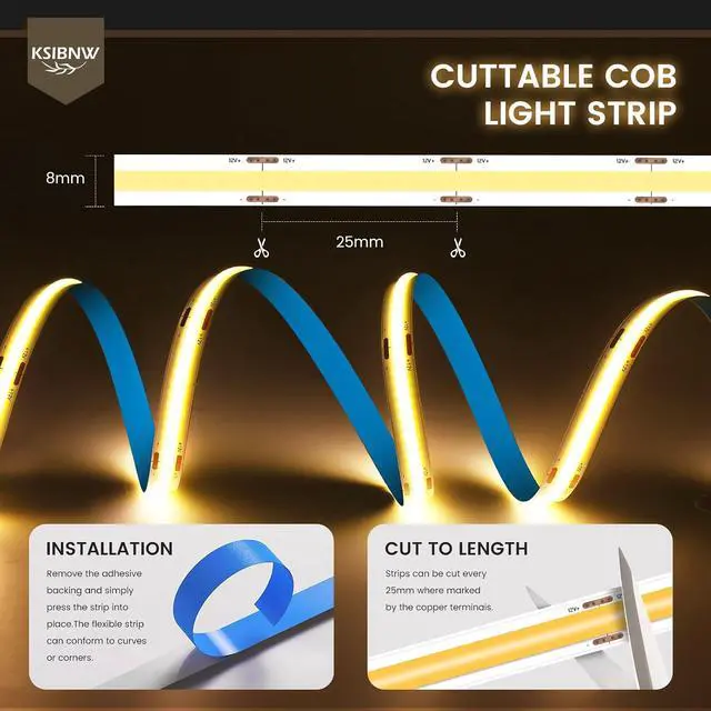 Alt view image 2 of 6 - COB LED Strip Lights 16.4ft/5m 12V LED Light Strip Neutral White 4000K Under Cabinet Lighting Super Bright Flexible Tape Lights for Bedroom Mirror Kitchen Living Room(Power Supply Not Included)