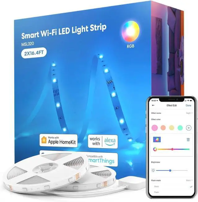 Main image of Smart LED Strip Lights 32.8ft WiFi RGB Strip Works with HomeKit Siri Alexa&Google and SmartThings App Control Color Changing Lights Strip for Room Party Festivals UL Listed