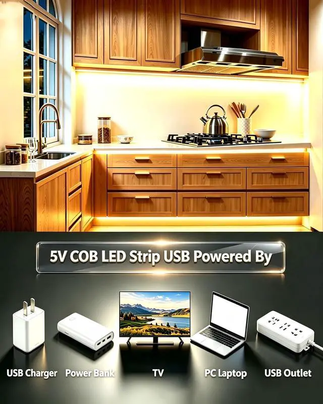 Alt view image 3 of 7 - 6FT USB COB LED Light Strip Cuttable Behind TV Backlight Bright Warm White 5V Strip Lights for Bedroom Kitchen Small Short Dimmable LEDs Strips Under Bed Cabinet Luces LED para TV Cocina Cuarto