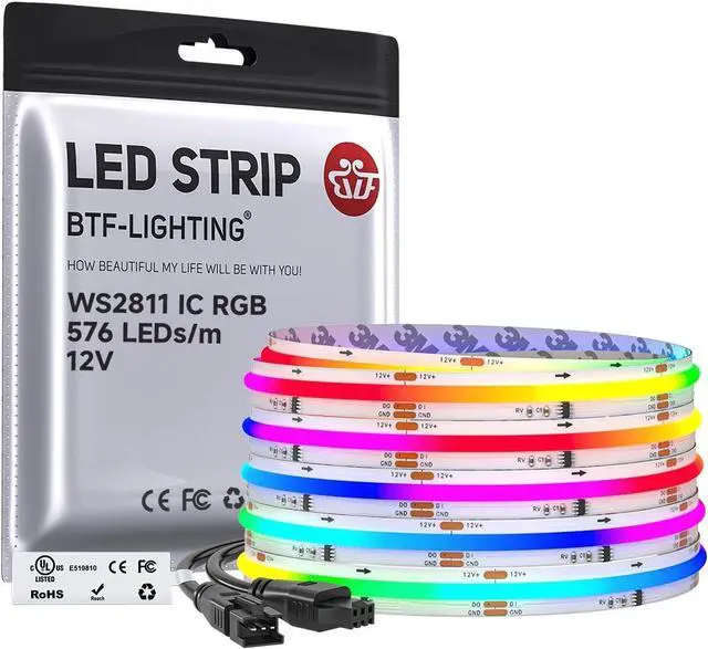 Main image of RGB WS2811 Smart IC FCOB COB LED Strip UL Listed 576LEDs/m High Density Color Chasing Uniform Light DC12V 16.4FT 10mm Width Tape Light for Home Party DIY Decor(No Adapter or Controller)